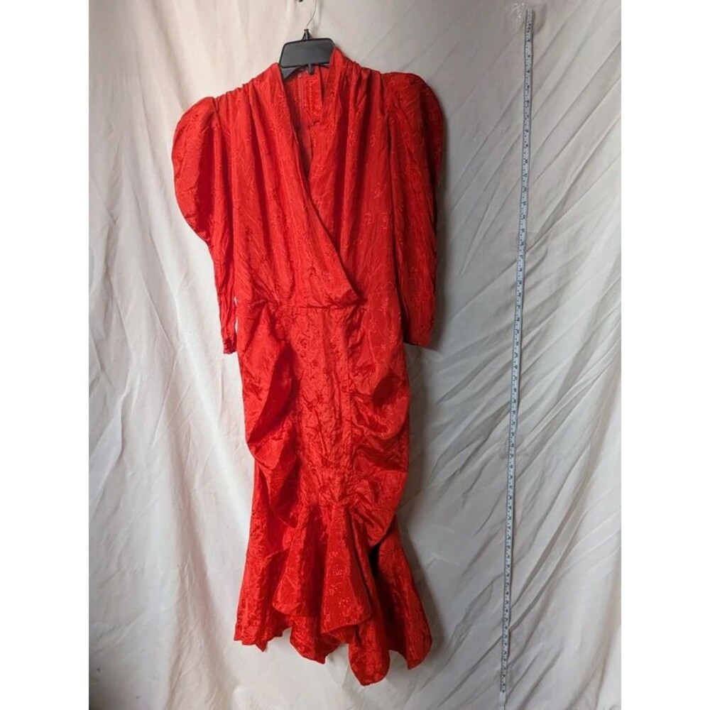 True Vintage 80s Red Silky Puff Sleeve Ruched Midi Dress - No Size-Best Fit XXS - Picture 7 of 10